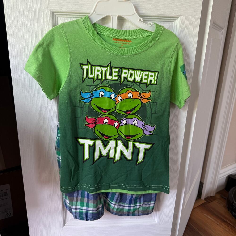Kids 3T Turtle Power set Teenage Mutant Ninja Turtles Graphic tee plaid pants.